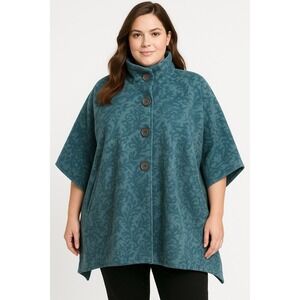 Women's Le Moda Blue Teal Floral Damask Poncho Cape One Size Button Pockets